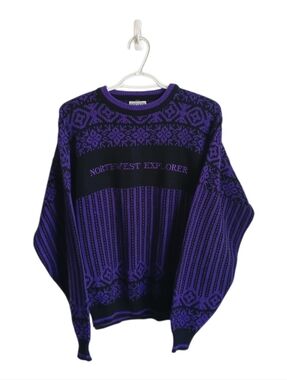 Vintage 80's Northwest Explorer Purple & Black Crewneck Sweater Cottagecore Med